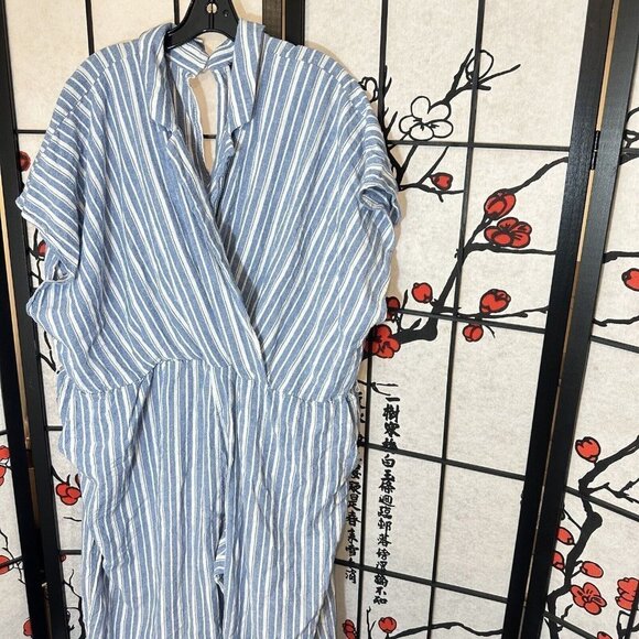Eloquii Jumpsuit Blue White Striped Linen Blend Straight Leg Size 28 Collared - Picture 5 of 7